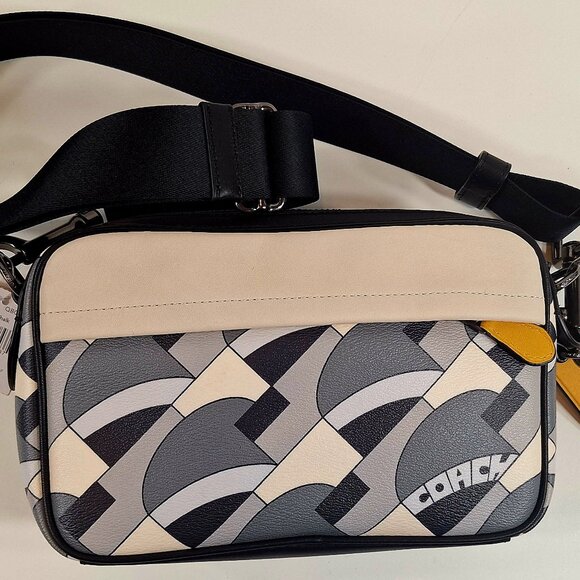 RARE Gray Coach Graham Art Deco Print Leather Crossbody NWT- *FLAW, READ* - Picture 1 of 8